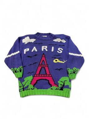 VTG 80s Laf Laf Eiffel Tower all over print AOP knit sweater purple L women RARE